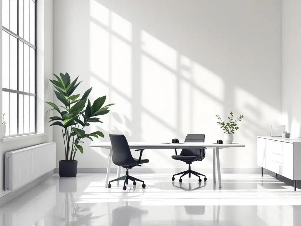 Camera op wit bureau in modern kantoor met natuurlijk licht, plant en minimalistische inrichting in vectorstijl