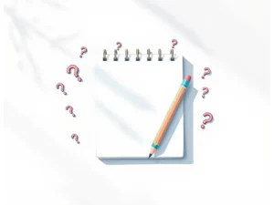 Notitieblok met potlood en vraagtekens in minimalistische vectorstijl met zachte blauwe en grijze tinten