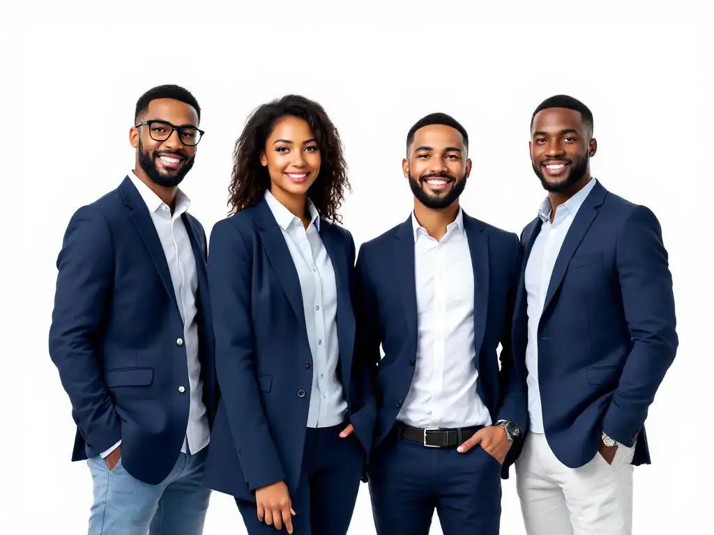 Vier diverse professionals in marineblauwe blazers staan in formatie tegen witte achtergrond, vector art stijl