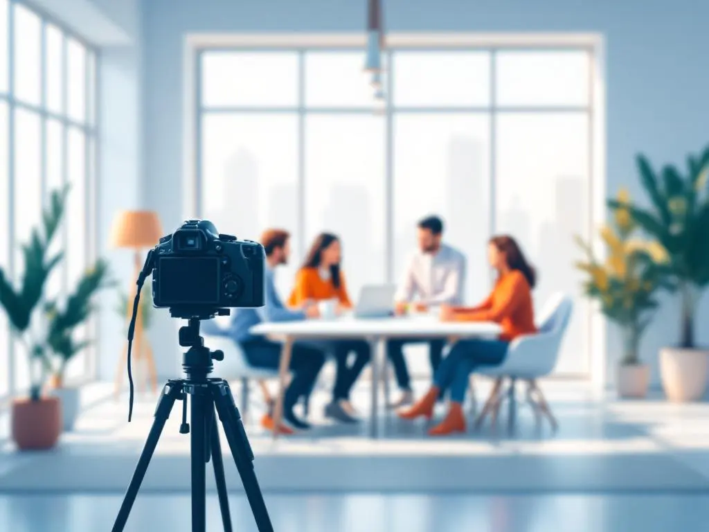Professionele camera op statief filmt divers team dat samenwerkt aan conferentietafel in modern kantoor