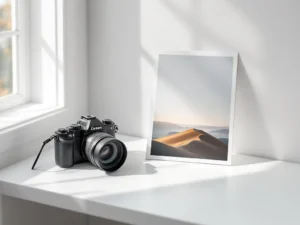 Professionele camera naast foto op witte ondergrond, minimalistische compositie met zachte schaduwen
