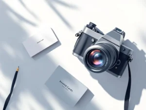 Professionele camera naast visitekaartjes op witte ondergrond, minimalistische vectorillustratie in blauw en grijs