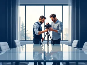 Professionele fotograaf stelt camera op statief af in modern kantoor met glazen vergadertafel en natuurlijk licht.