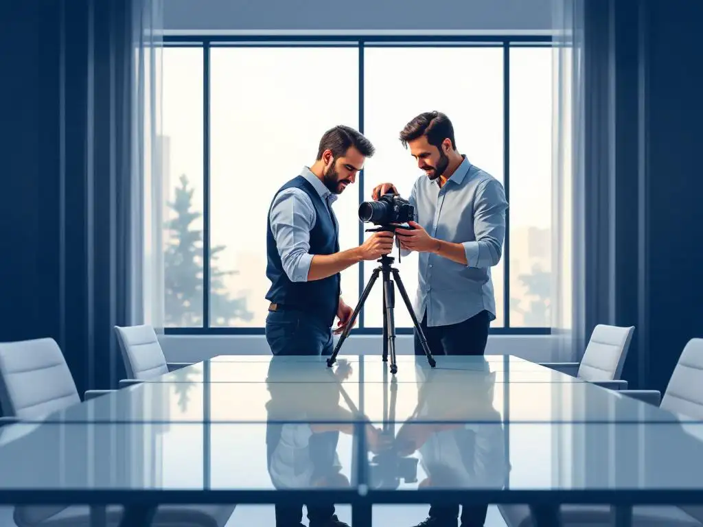 Professionele fotograaf stelt camera op statief af in modern kantoor met glazen vergadertafel en natuurlijk licht.