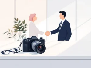 Professionele camera op bureau naast zakelijke handdruk tussen twee mensen in pakken, navy en goud vectorstijl