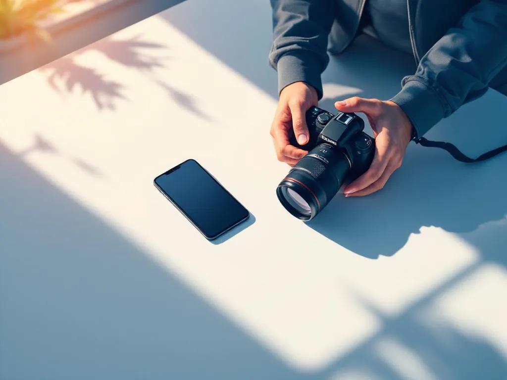 Professionele fotograaf met DSLR-camera naast smartphone, vector illustratie in blauw en oranje tinten