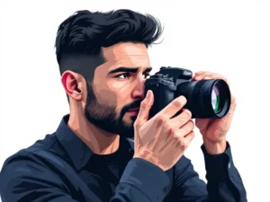 Professionele fotograaf met DSLR-camera op ooghoogte, geconcentreerde uitdrukking, vector illustratie stijl