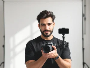 Professionele fotograaf met DSLR-camera en smartphone op statief in witte studio met natuurlijk licht