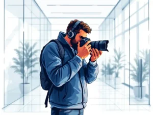 Professionele fotograaf met camera in modern kantoor met geometrische lijnen en natuurlijk licht, blauwe en oranje kleuren