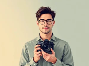 Professionele fotograaf houdt vintage filmcamera vast, drie-kwart portret tegen zachte gradiënt achtergrond