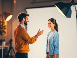Fotograaf begeleidt zelfverzekerde medewerker tijdens professionele fotoshoot in warme studioverlichting