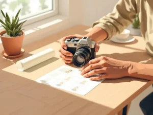 Professionele fotograaf past vintage filmcamera aan op houten bureau met contactafdrukken in natuurlijk licht