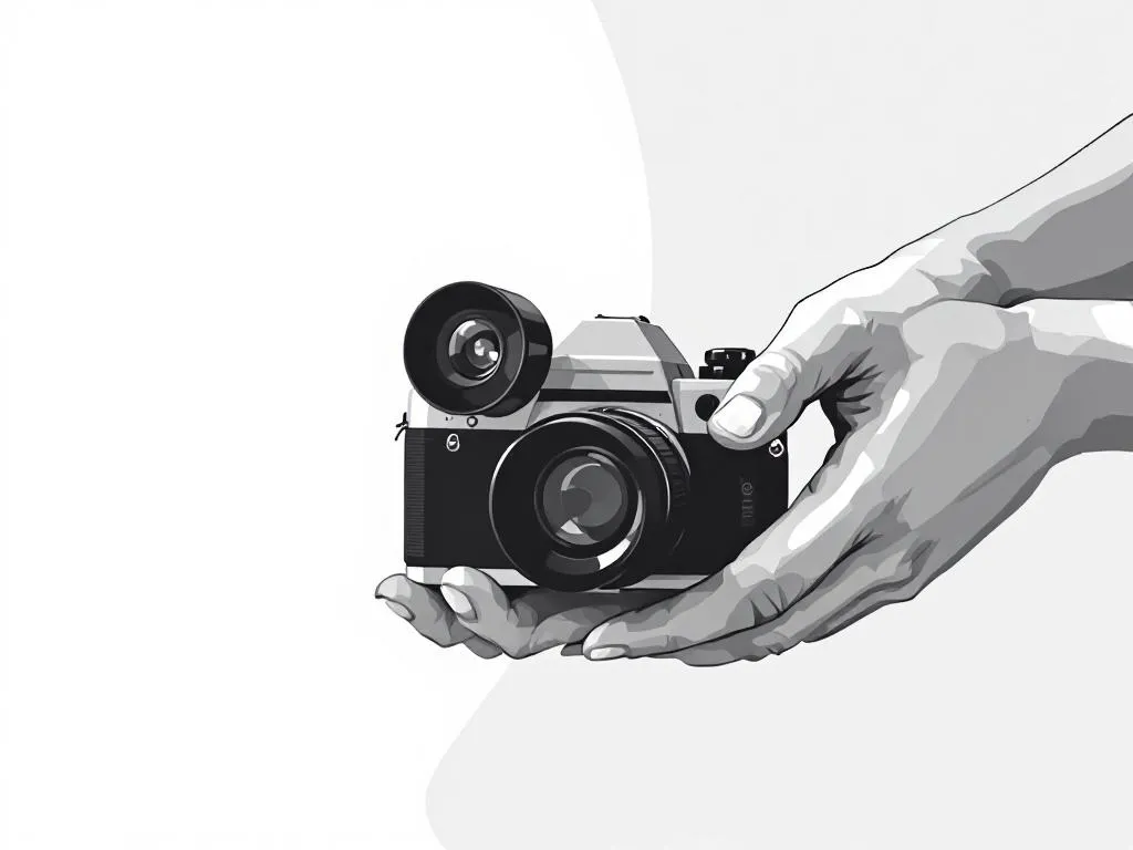 Professionele fotograaf past vintage filmcamera aan tegen witte achtergrond met zachte belichting