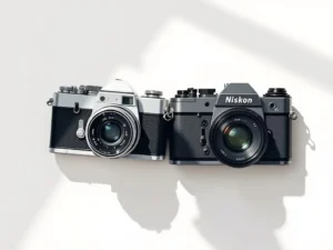 Vintage filmcamera en moderne digitale camera naast elkaar op witte ondergrond, minimalistische vectorillustratie