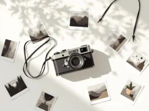 Vintage filmcamera en moderne digitale camera op witte ondergrond met zwart-wit foto's, zachte verlichting