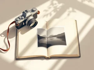 Vintage filmcamera op open fotoalbum met zwart-wit foto, warme natuurlijke belichting, minimalistische vectorstijl