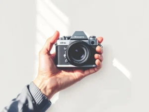 Professionele fotograaf houdt vintage filmcamera vast tegen witte achtergrond in minimalistische vectorstijl