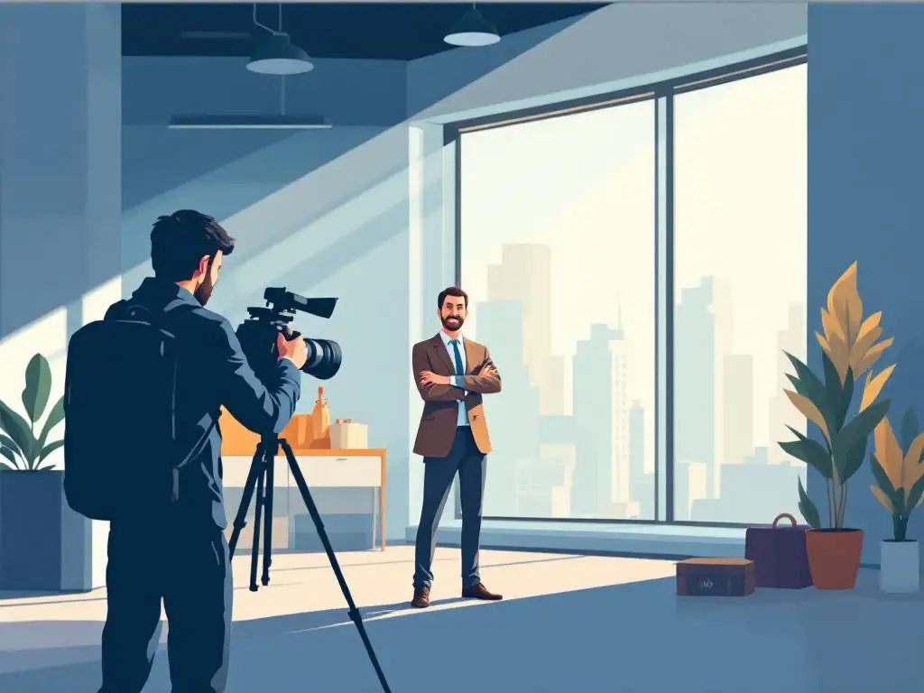 Professionele fotograaf maakt zakelijk portret van executive bij raam in modern kantoor, vector illustratie stijl