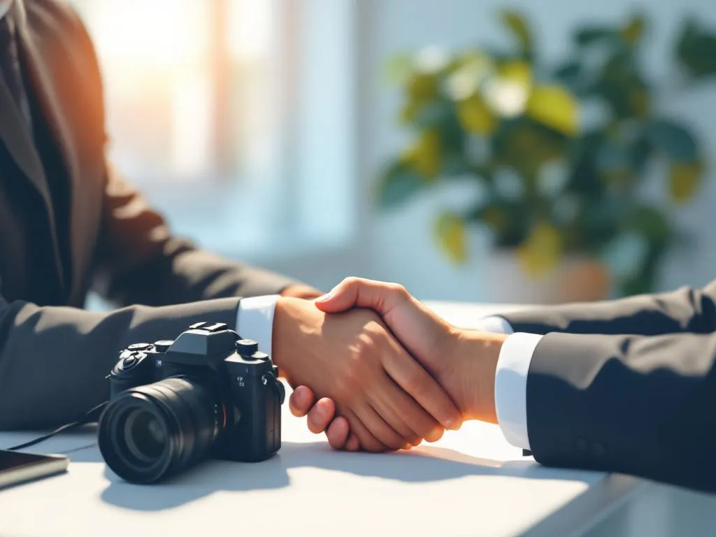 Professionele camera op wit bureau naast zakelijke handdruk, natuurlijk licht, minimalistische vectorstijl