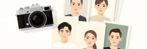 Camera naast minimalistische portretafdrukken op wit oppervlak, zachte schaduwen in warme ivoor- en houtskooltonnen met saliegroen accent.