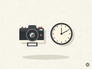 Minimalistische camera en analoog klokje op wit bureau, zachte schaduwen, warme ivoor- en houtskoolkleuren met terracotta accent.