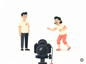Camera gericht op stijf geposeerde figuur op wit oppervlak, terwijl een tweede figuur spontaan lacht, vectorillustratie in ivoor, houtskool en koraal.