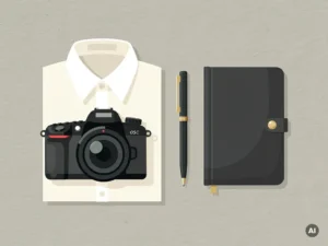 Professionele camera naast een gestreken wit overhemdskraag en leren notitieboek op minimalistisch bureau, vlakke vectorillustratie.