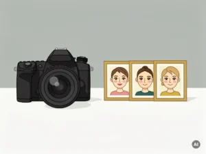 Professionele camera op wit oppervlak naast drie kleine ingelijste portretfoto's, minimalistische illustratie in grijze en gouden tinten.