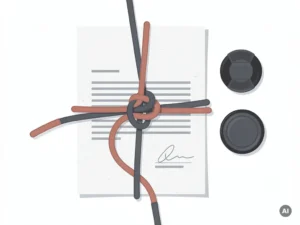 Verstrengelde camerariem geknoopt om een ongetekend contract op wit oppervlak, met een lenskapje ernaast, strakke vlakke illustratie.