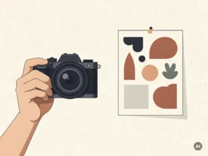 Fotograaf houdt camera vast naast een moodboard op witte muur, vlakke vectorillustratie in ivoor, houtskool en terracotta tinten.