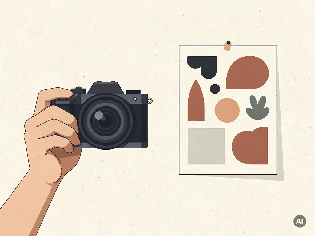 Fotograaf houdt camera vast naast een moodboard op witte muur, vlakke vectorillustratie in ivoor, houtskool en terracotta tinten.