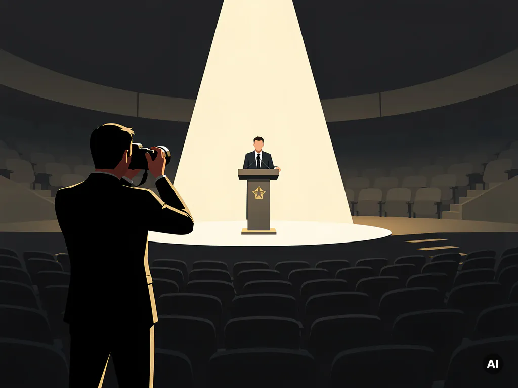 Fotograaf silhouet fotografeert spreker achter minimalistisch podium in grote, donkere aula met dramatische spotlight.