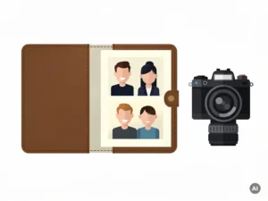 Versleten leren portfolio open op wit bureau naast professionele camera, redactionele persfoto's zichtbaar, vlakke lay-out in marineblauw en ivoor.