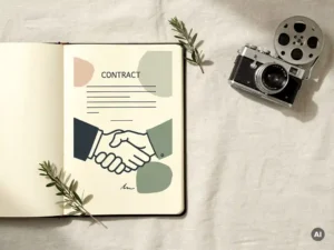 Open notitieboek met contractschets naast een vintage camera op linnen ondergrond, versierd met een groen takje.