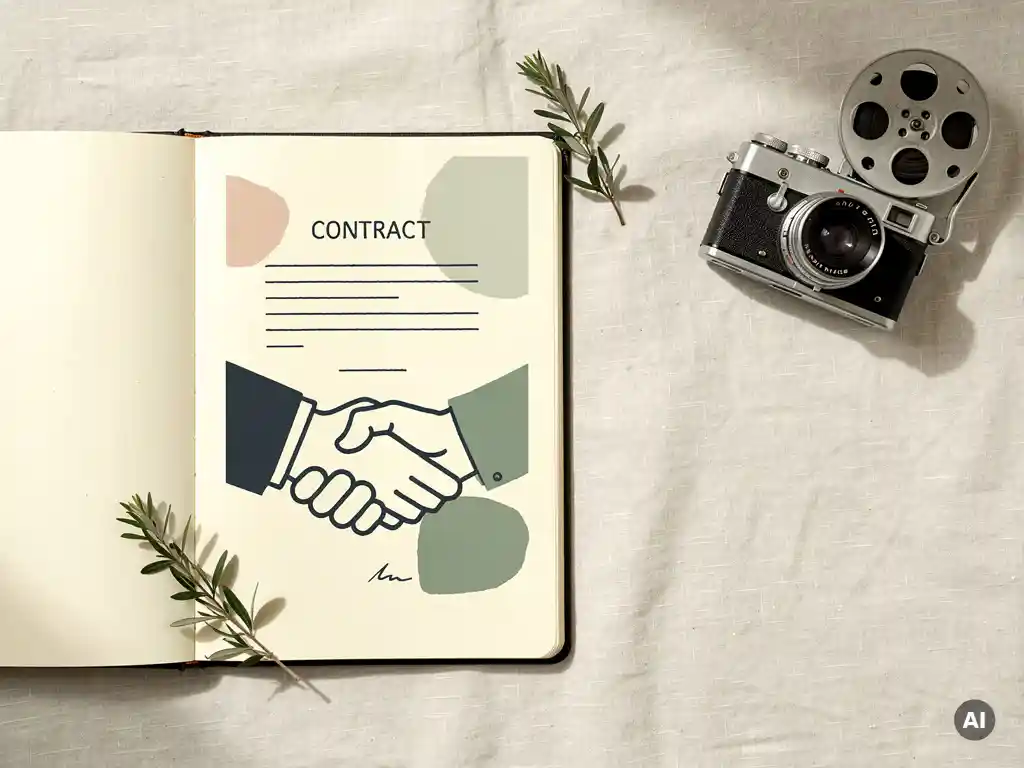 Open notitieboek met contractschets naast een vintage camera op linnen ondergrond, versierd met een groen takje.