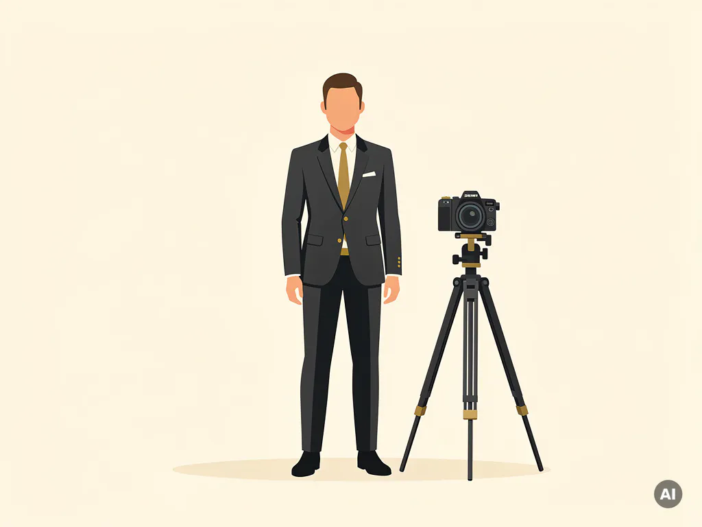 Zelfverzekerde professional in donker pak naast camera op statief, gestileerde illustratie met ivoren achtergrond en gouden tinten.