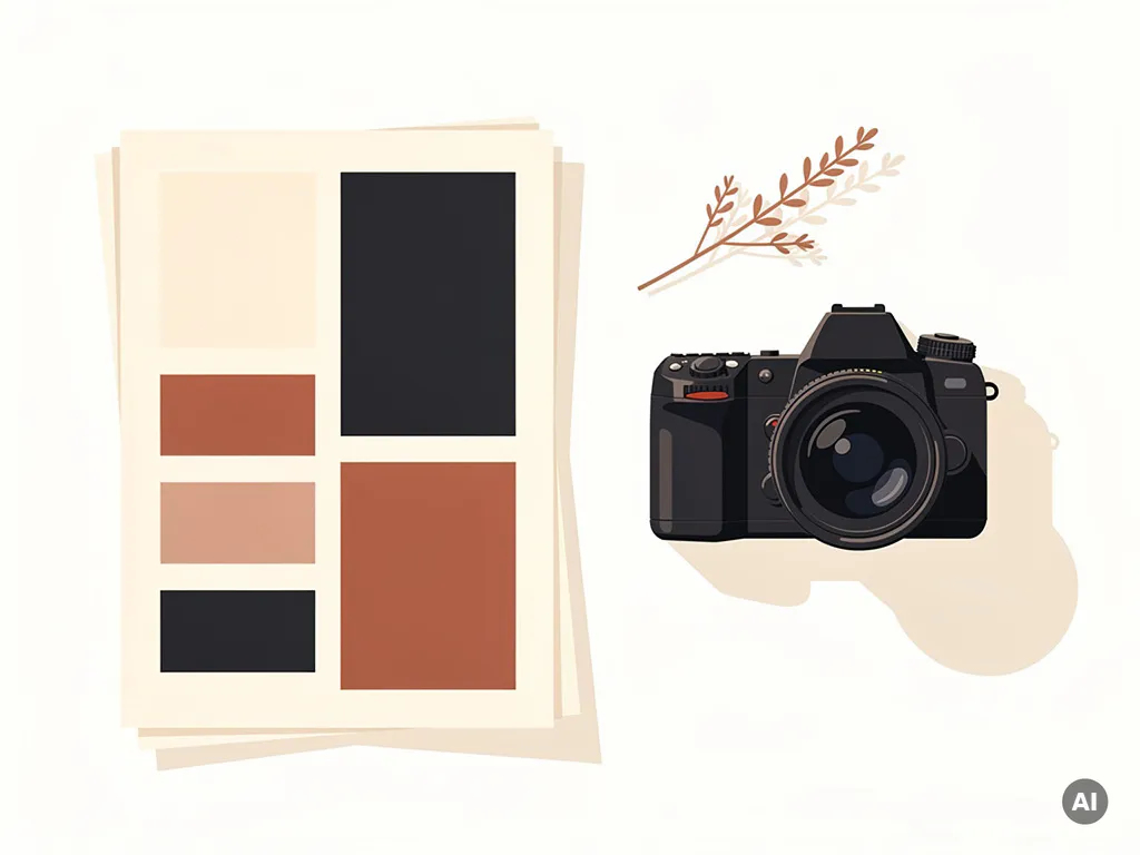 Minimalistische flatlay met gevouwen moodboard, professionele camera, kleurstalen en gedroogde botanicals op wit oppervlak.