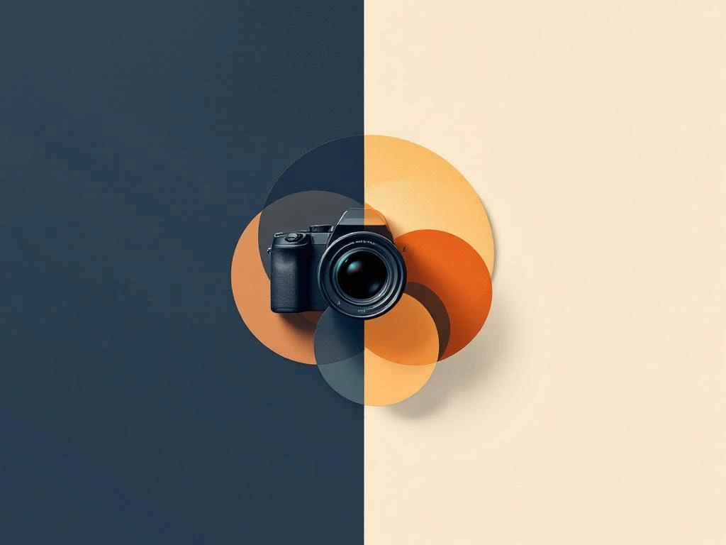 Professionele DSLR-camera naast abstracte cirkels die menselijke connectie symboliseren in minimalistische split-screen compositie