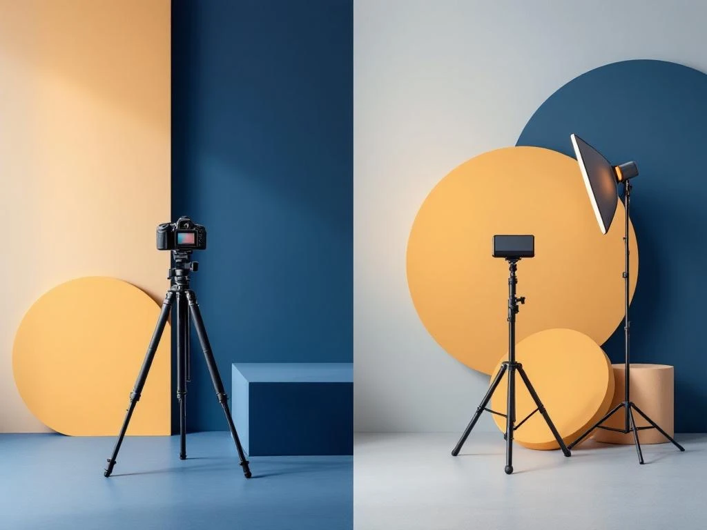 Gesplitste compositie met professionele camera-opstelling links en portretverlichting rechts in minimalistisch design