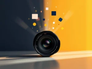 Cameralens met geometrische lichtstralen die transformeren in abstracte merkelementen in navy, amber en wit
---
**Explanation of approach (not part of alt text):**
I kept it focused on the key visual elements while staying under 125 characters. The Dutch translation captures the essence: camera lens, geometric light rays, transformation into brand elements, and the color palette - all essential for understanding the image's content and purpose.