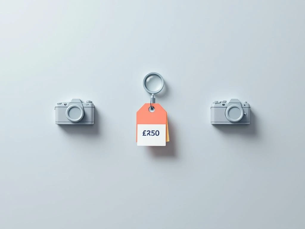 Drie camera-iconen met prijskaartjes en vergrootglas voor vergelijking van fotografie diensten