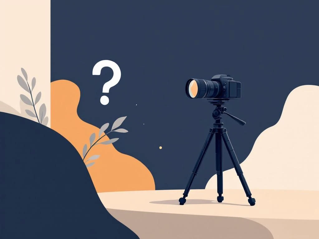 Camera op statief met vraagteken in minimalistische stijl, navy en amber kleuren, zakelijke fotografie consultatie
