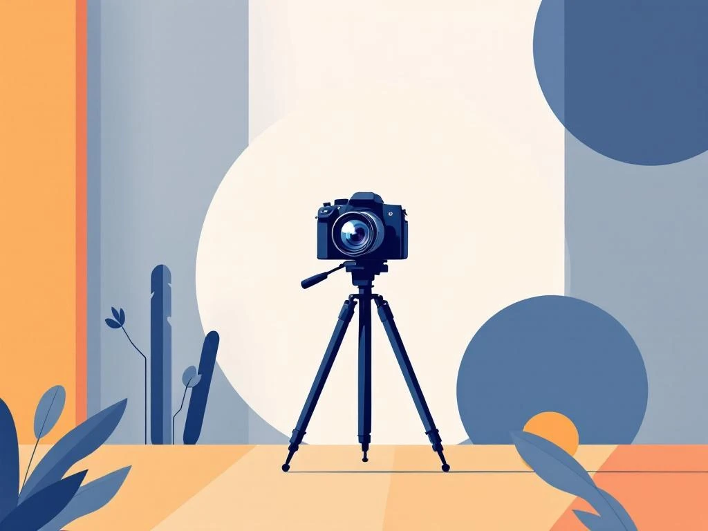 Minimalistische illustratie van professionele camera op statief met geometrische vormen in navy, amber en wit