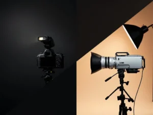 Diagonaal verdeeld beeld met zwarte nieuwscamera links en zilveren commerciële camera rechts in contrasterende belichting