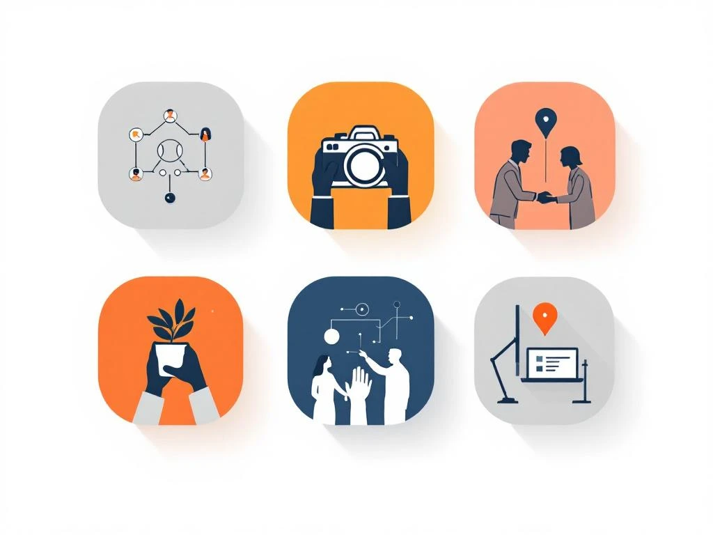 Vijf fotografie-gerelateerde iconen in minimalistisch design: camera, mensen, plant, handen en werkruimte in oranje en blauw


Vijf fotografie-gerelateerde iconen in minimalistisch design: camera, mensen, plant, handen en werkruimte in oranje en blauw