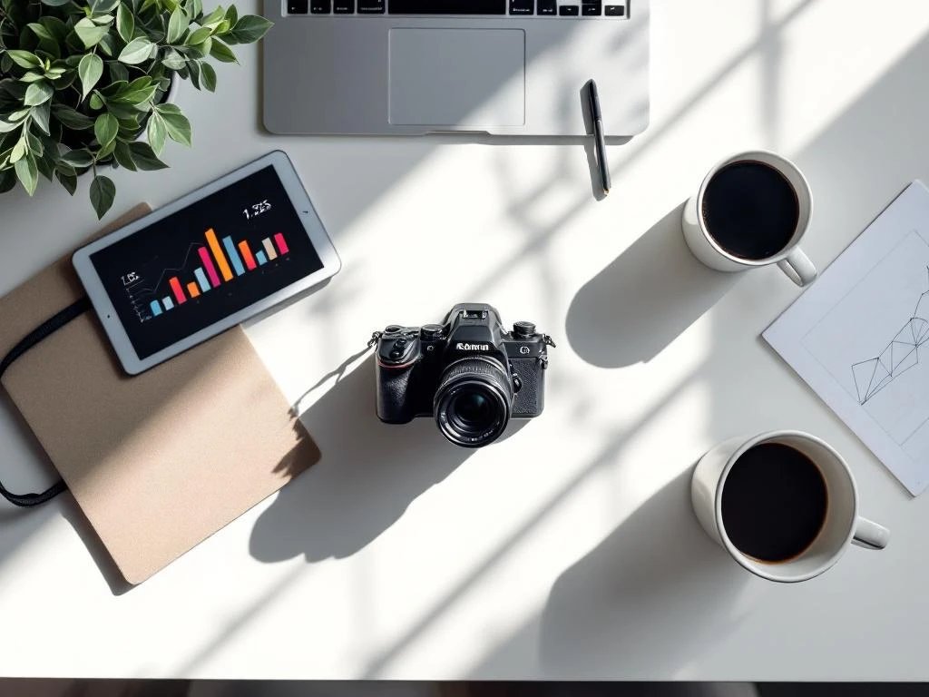 DSLR-camera op wit bureau met tablet, notitieblok en koffie in vogelperspectief voor marketingfotografie