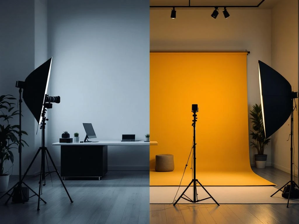 Split-screen vergelijking van zakelijke fotostudio met blauw licht en persoonlijke portretstudio met warm licht