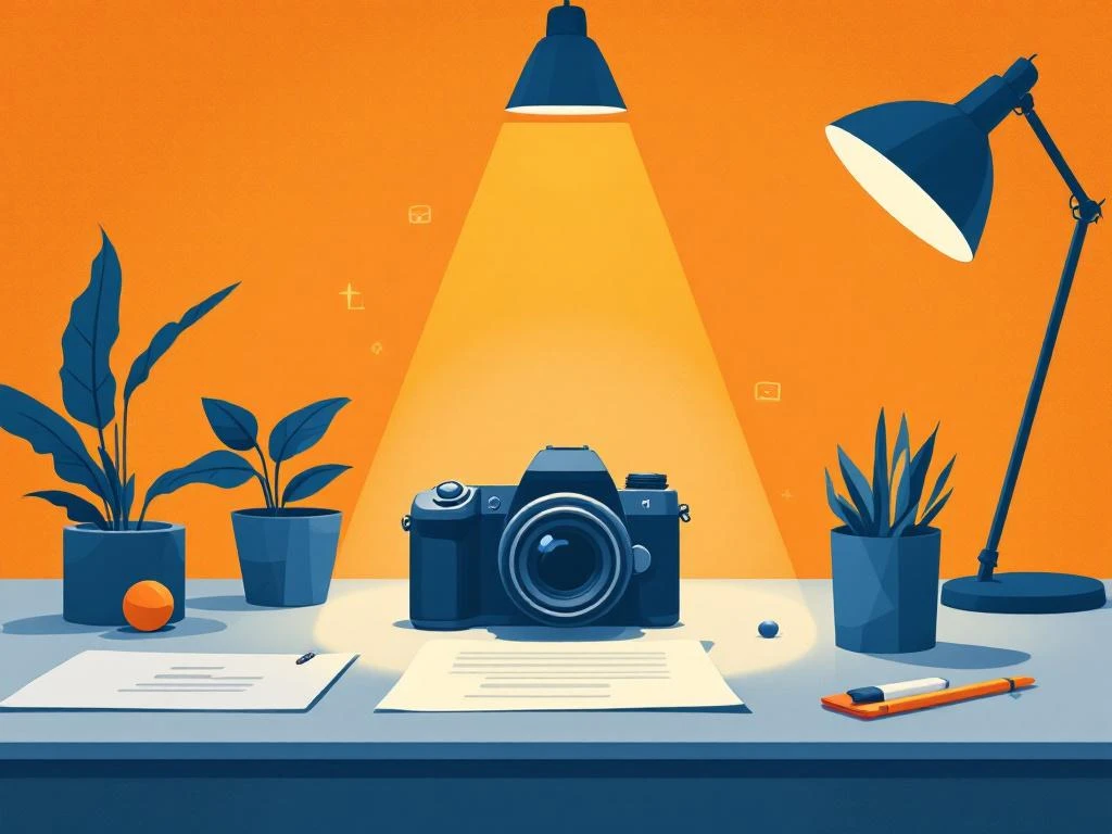 Professionele camera op bureau met briefingdocument, minimalistische illustratie in blauw en oranje tinten