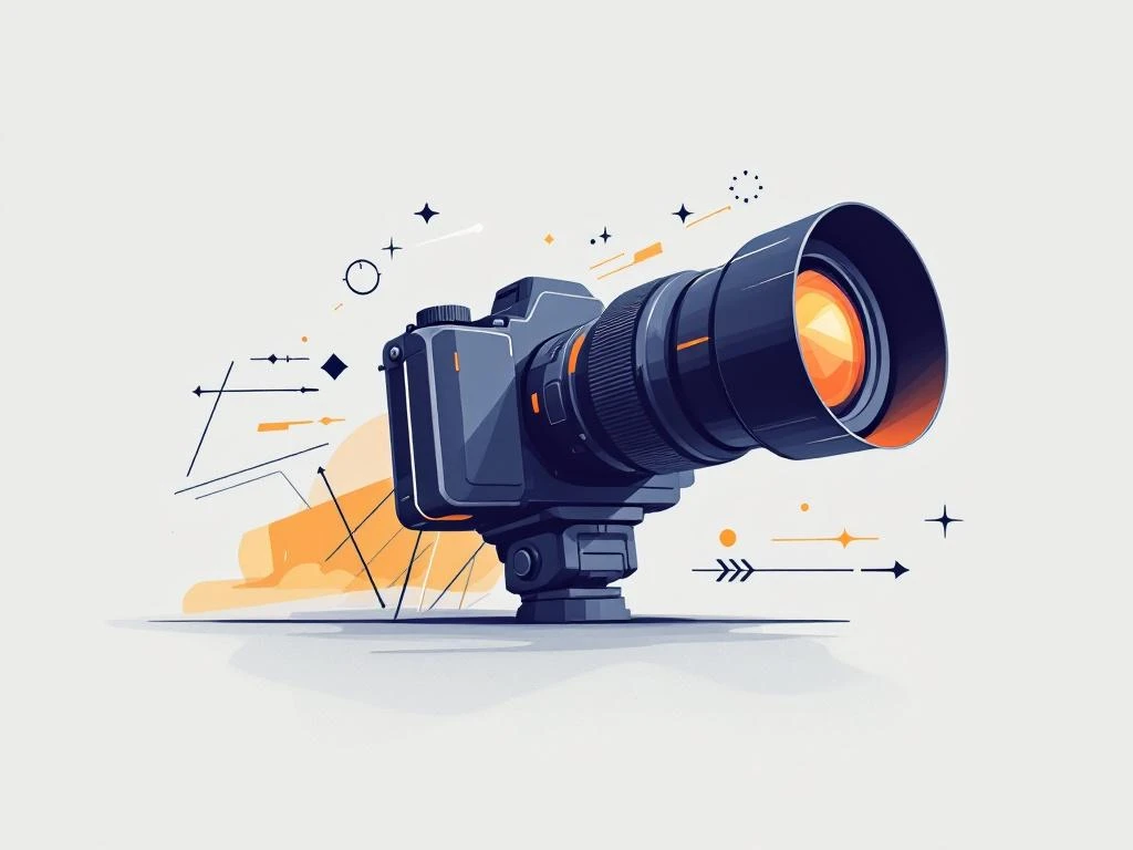 Gestileerde camera met telelens in minimalistische illustratie met geometrische vormen en fotojournalistiek thema
