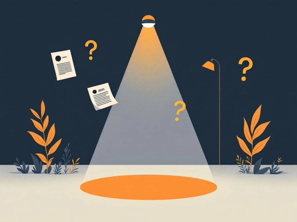 Vintage camera zoeker met geometrische krantenelementen die oplossen in vraagtekens, dramatische belichting en fotonegatief rand